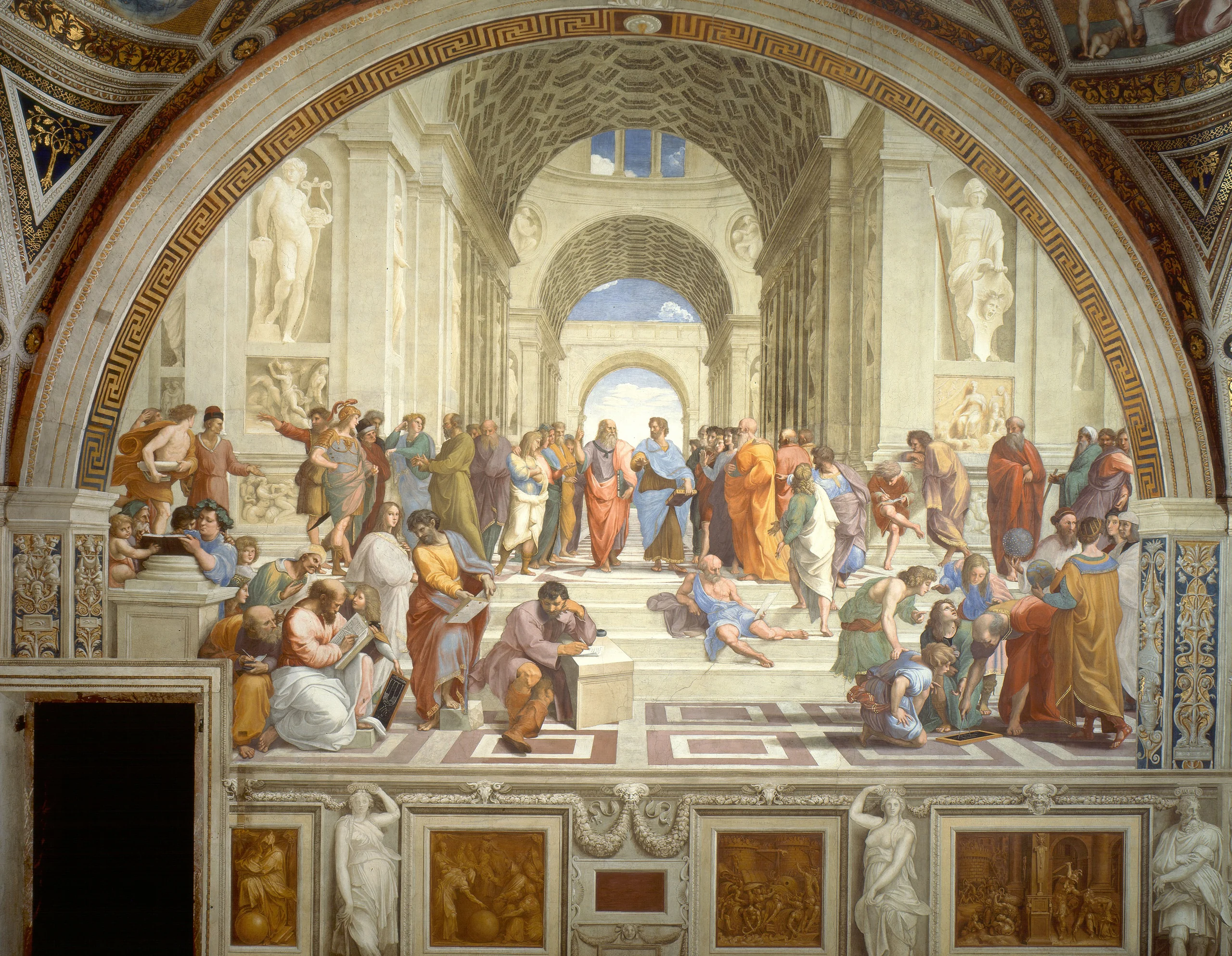 Lukisan fresko Scuola di Atene (Sekolah Athena) karya Raffaello Sanzio, 1509–1511, Istana Apostolik Vatikan